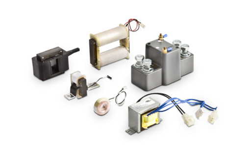 A selection of 6 different components of a transformer featuring connectors, switches and wires